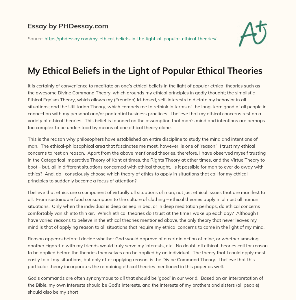 My Ethical Beliefs in the Light of Popular Ethical Theories essay