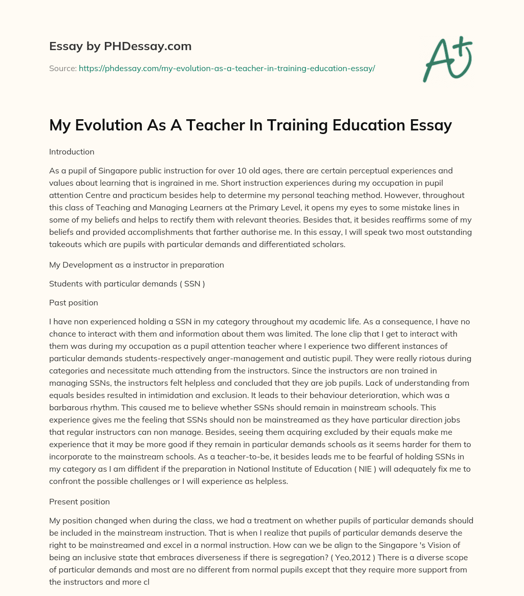 My Evolution As A Teacher In Training Education Essay essay
