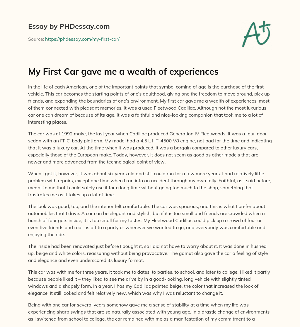My First Car gave me a wealth of experiences essay