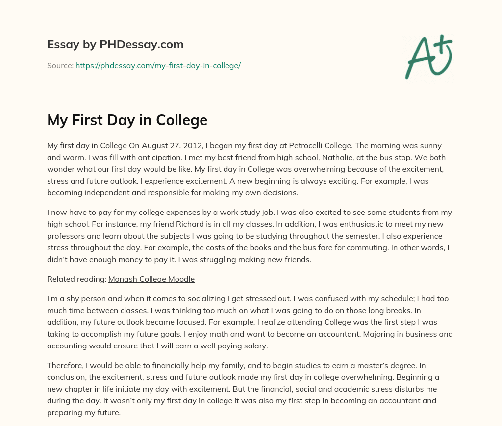 write an essay about your first day in college
