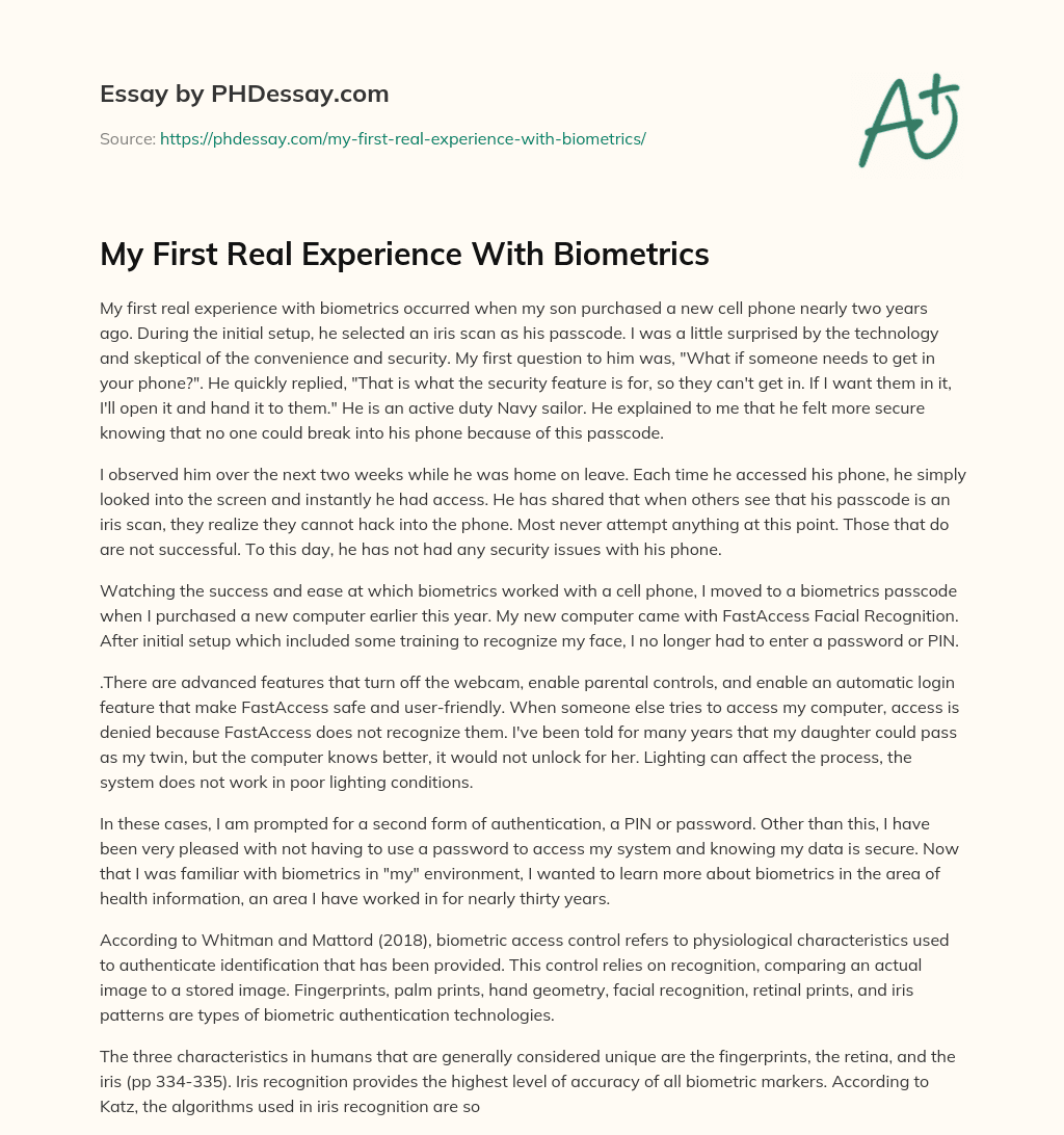 My First Real Experience With Biometrics essay