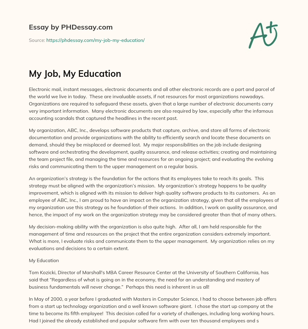 My Job, My Education essay