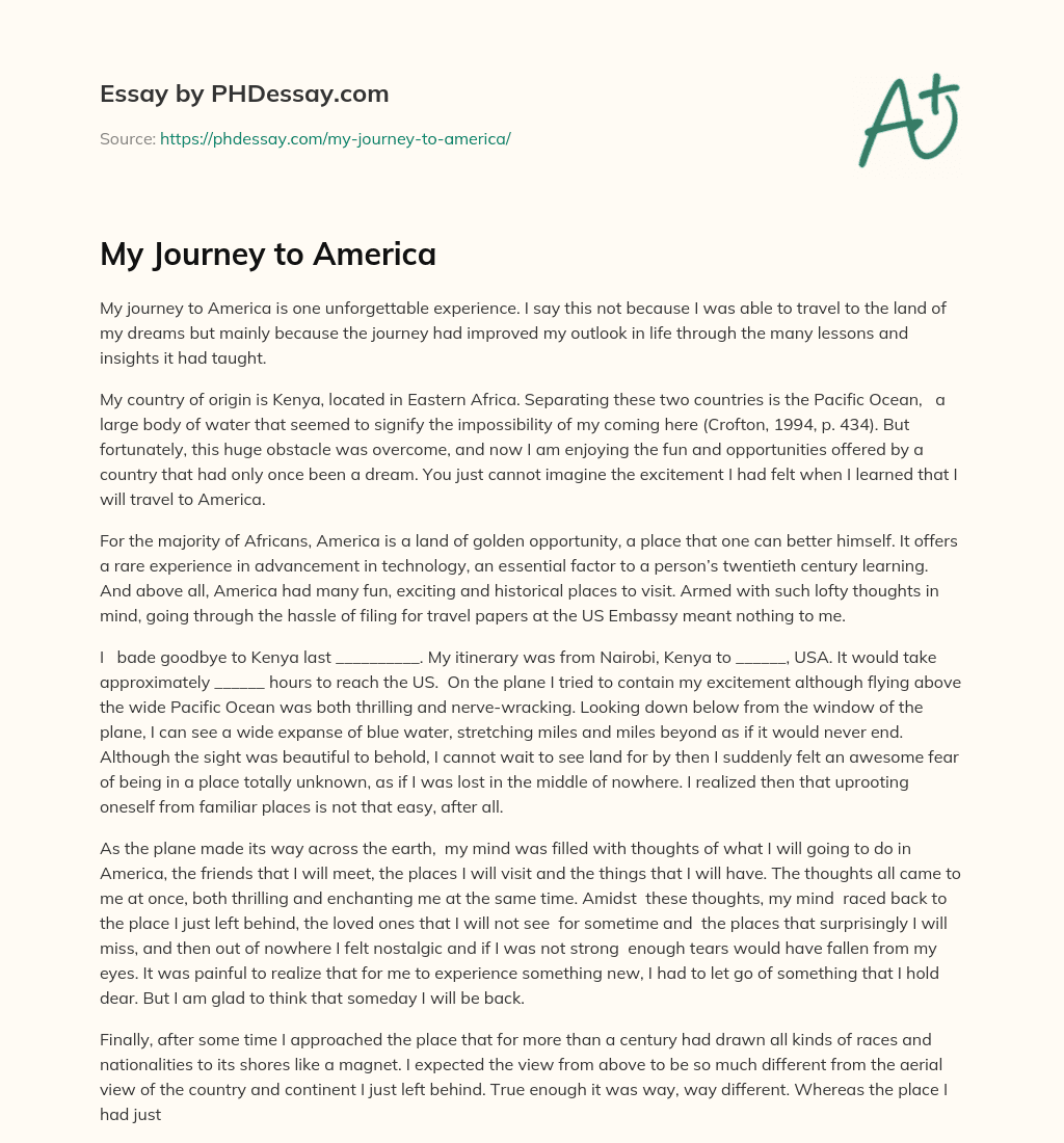 My Journey to America essay