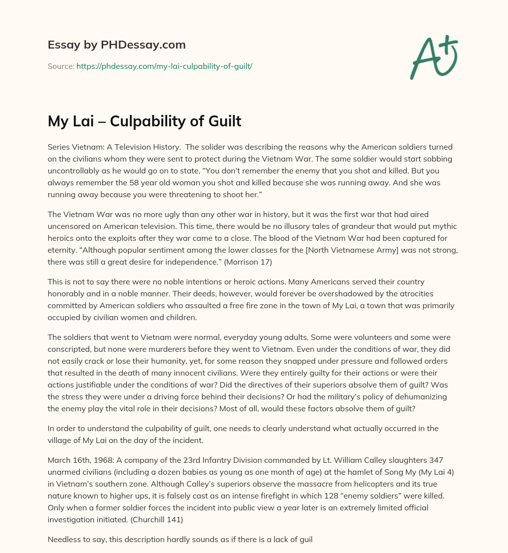 My Lai – Culpability of Guilt essay
