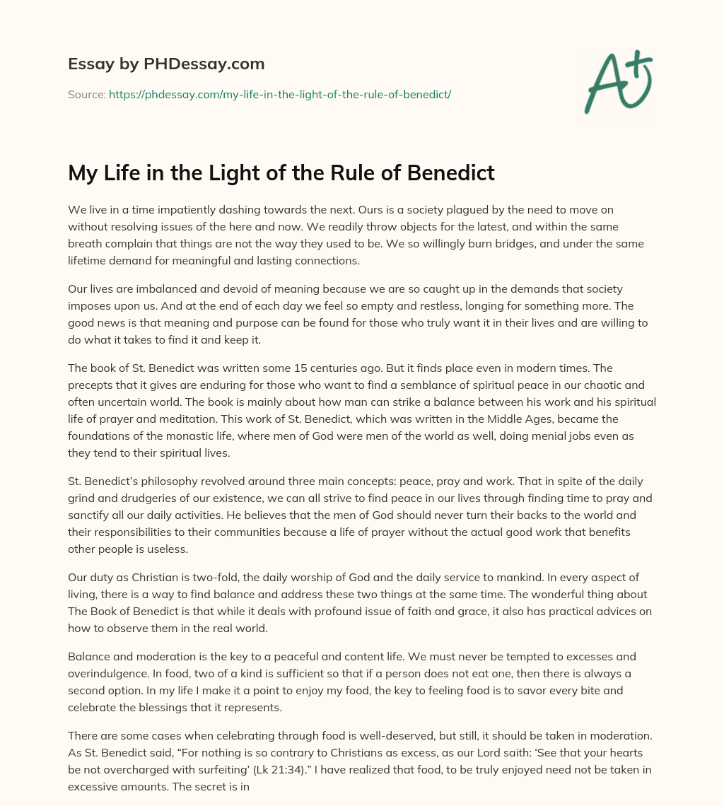My Life in the Light of the Rule of Benedict essay