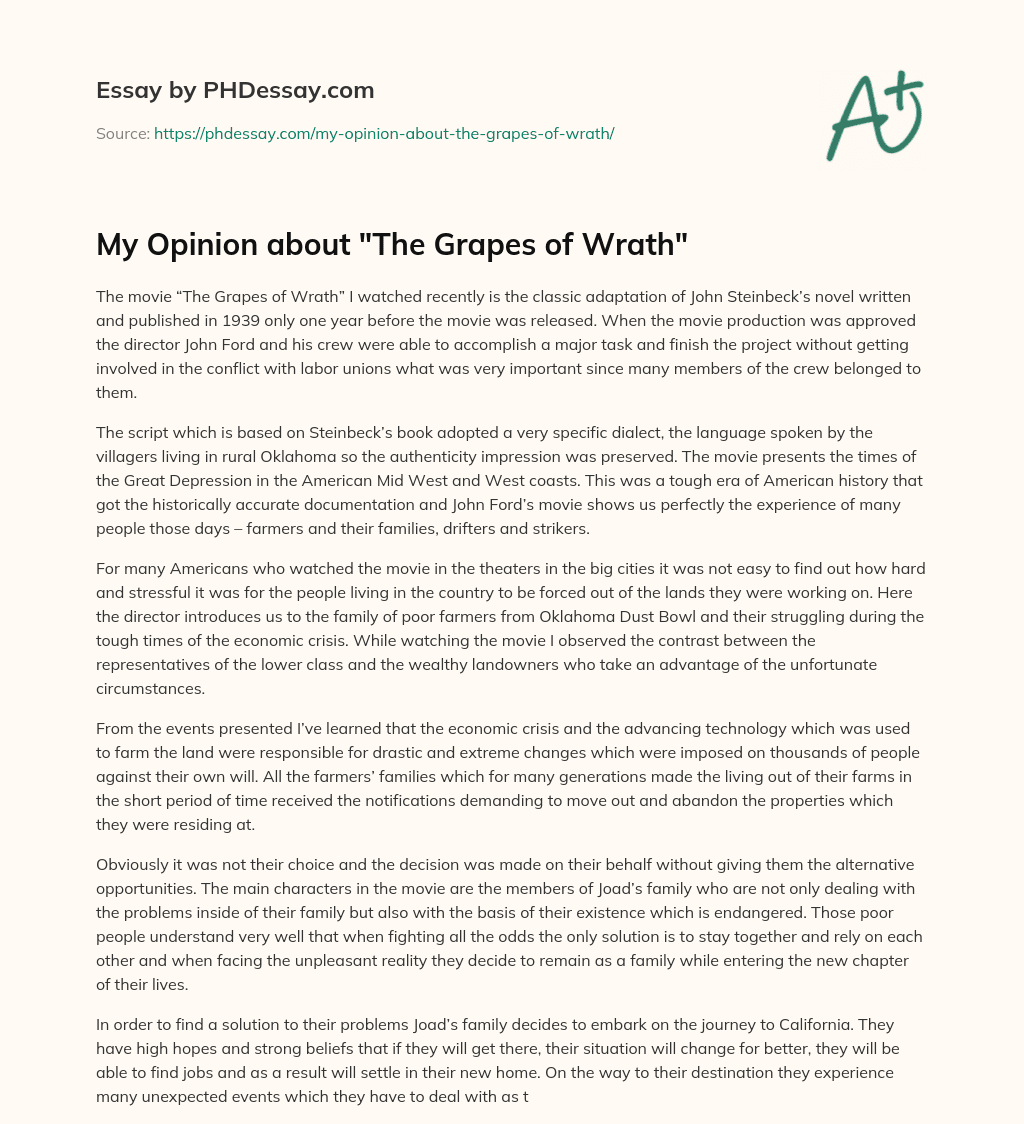 My Opinion about “The Grapes of Wrath” essay