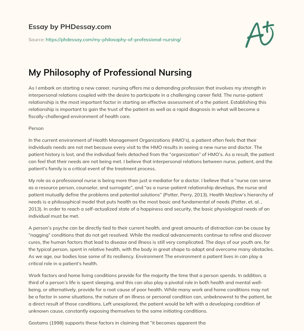 My Philosophy of Professional Nursing - PHDessay.com