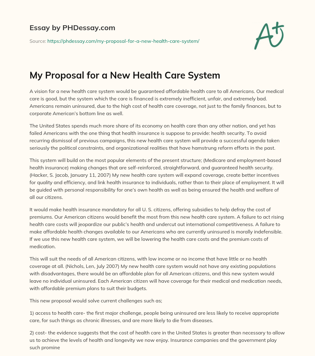 My Proposal for a New Health Care System essay