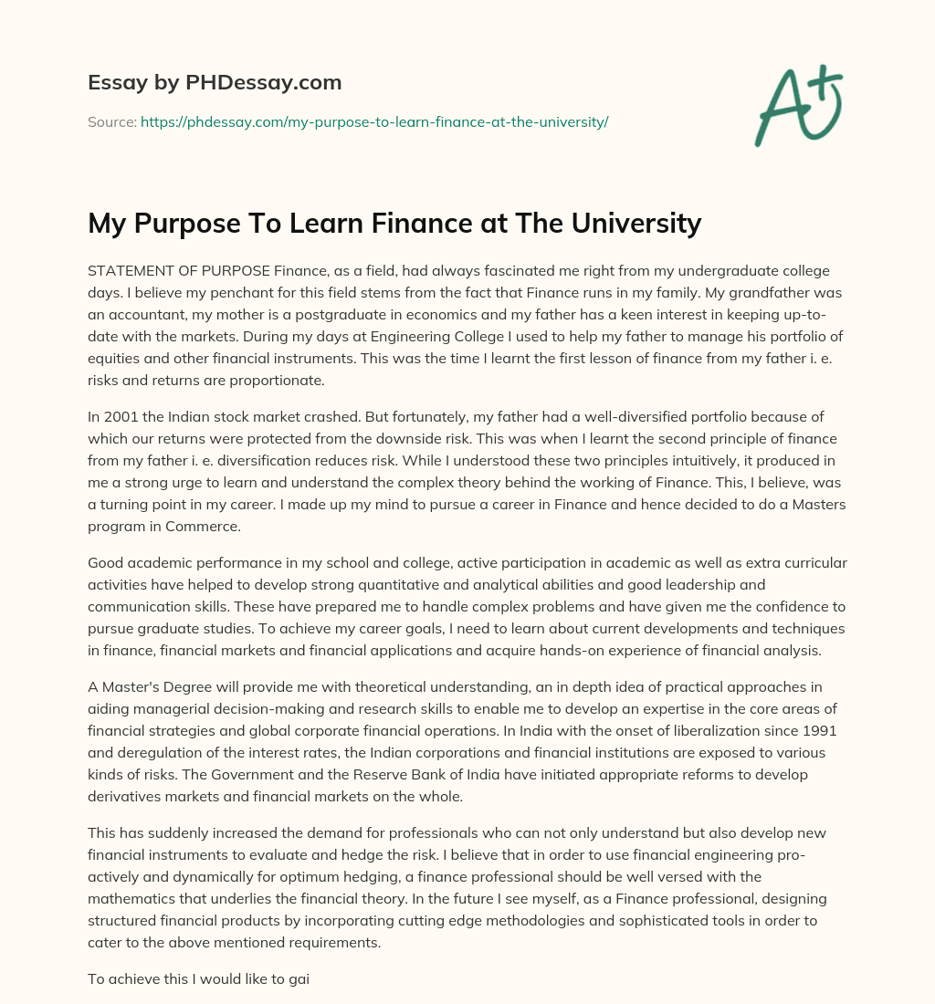 My Purpose To Learn Finance at The University essay