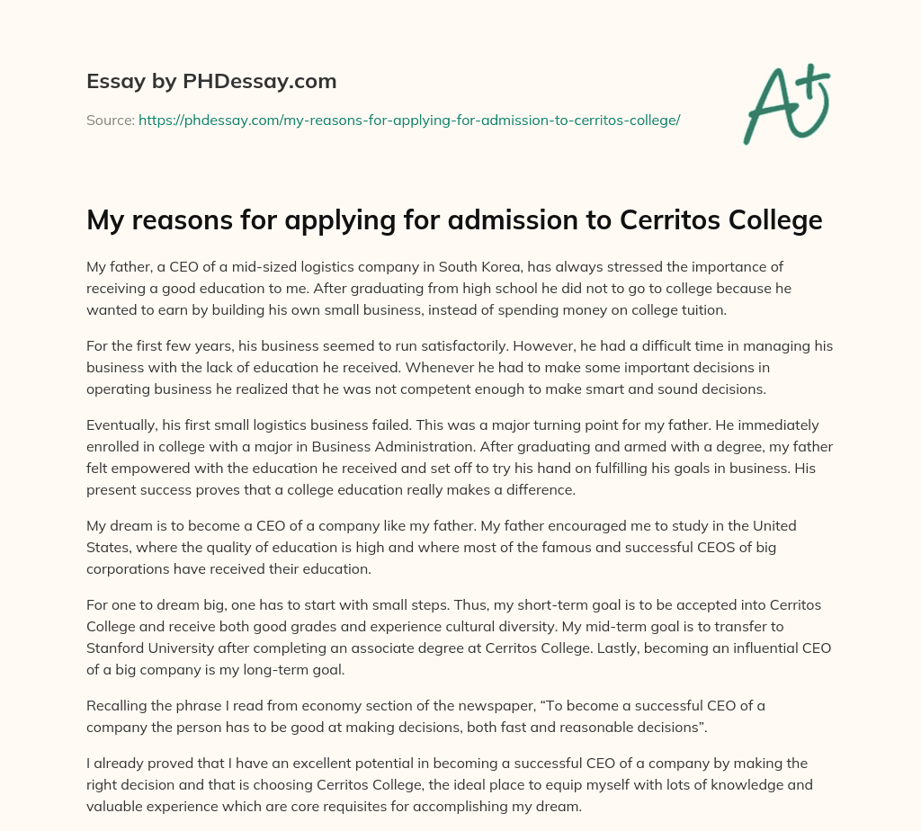 My reasons for applying for admission to Cerritos College essay