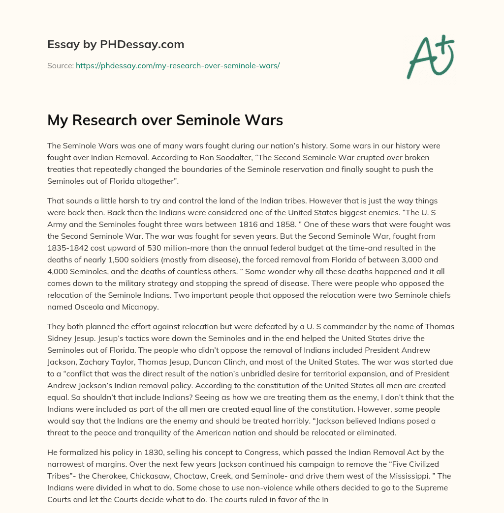 My Research over Seminole Wars essay