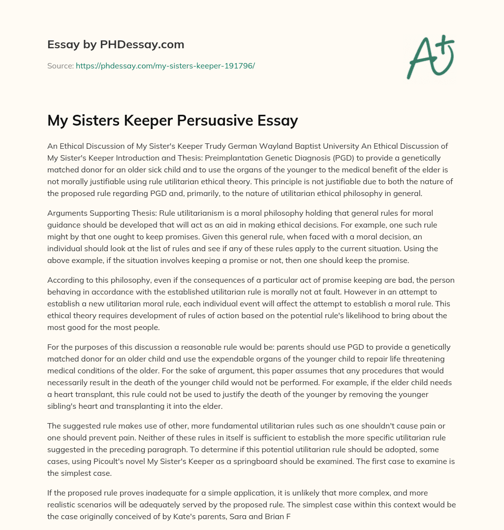 My Sisters Keeper Persuasive Essay essay