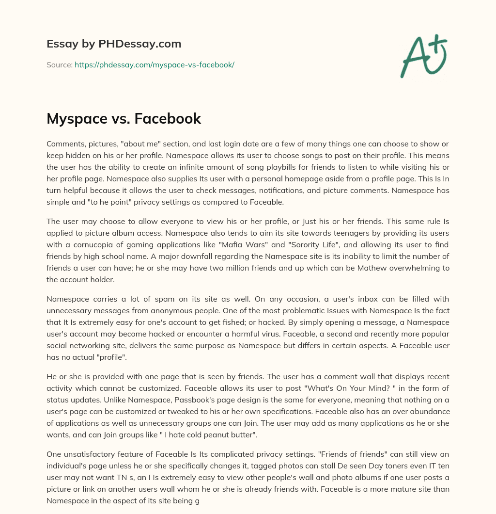 Myspace vs. Facebook essay