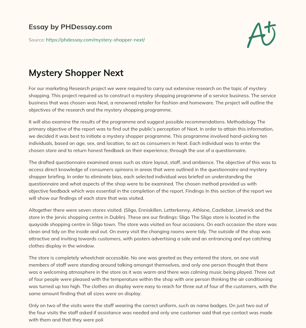 Mystery Shopper Next essay