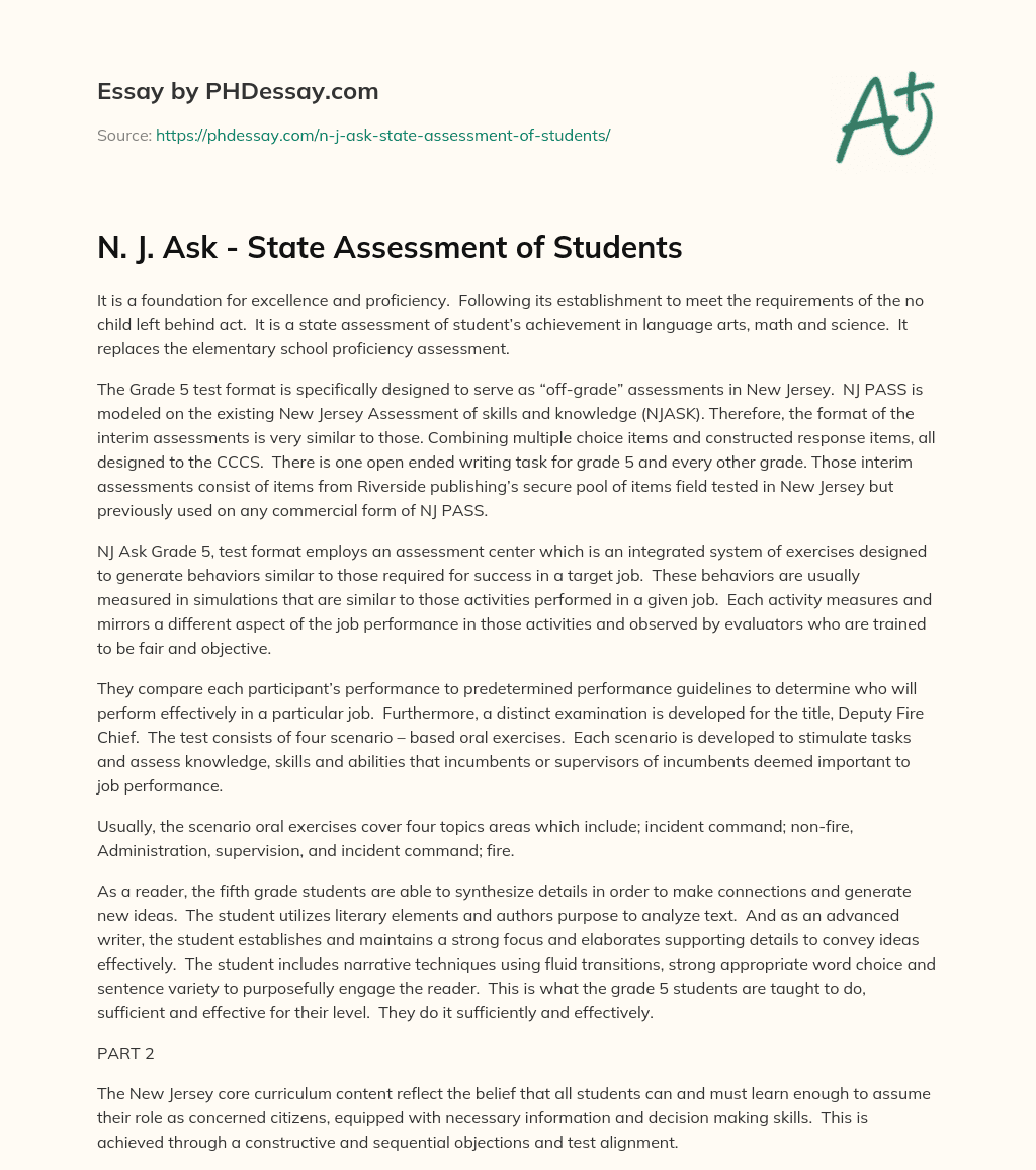 N. J. Ask – State Assessment of Students essay