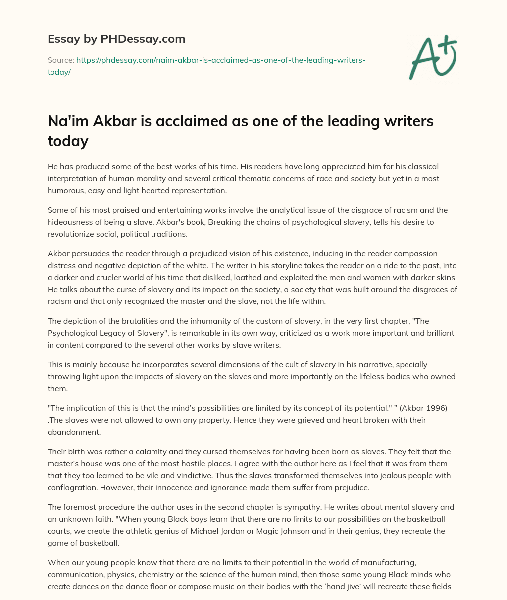 Na’im Akbar is acclaimed as one of the leading writers today essay
