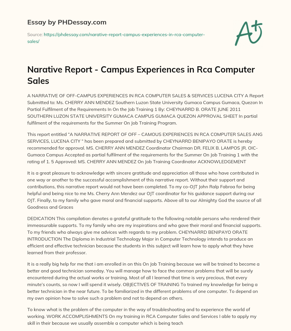 Narative Report – Campus Experiences in Rca Computer Sales essay