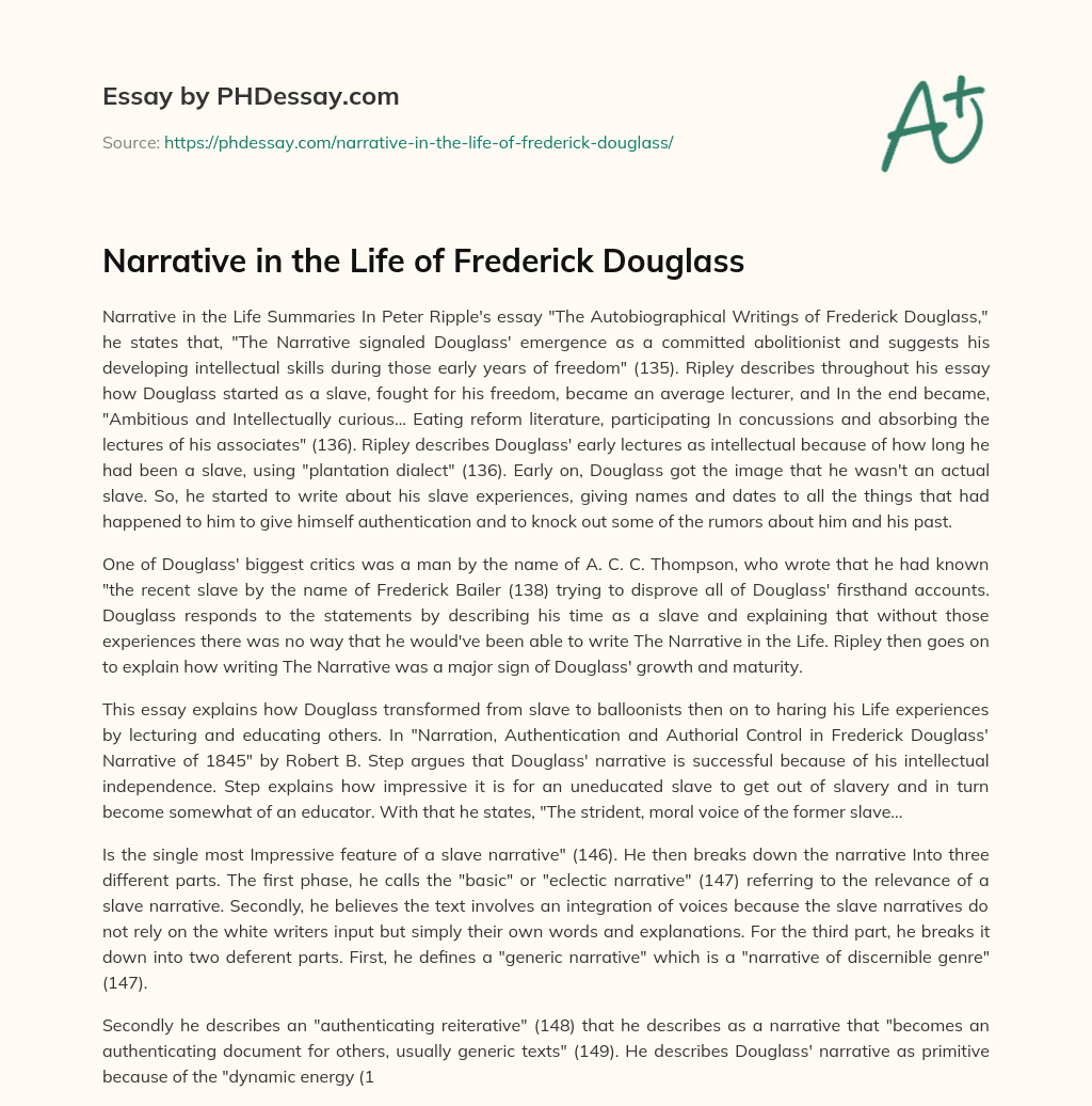 Narrative in the Life of Frederick Douglass essay