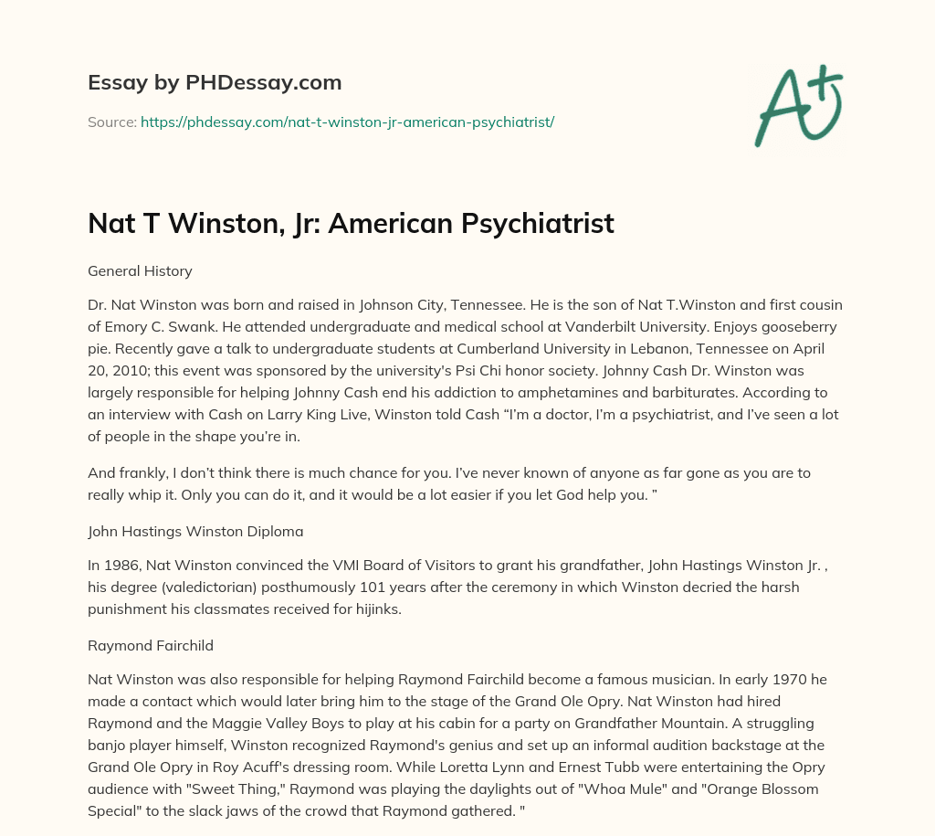 Nat T Winston, Jr: American Psychiatrist essay
