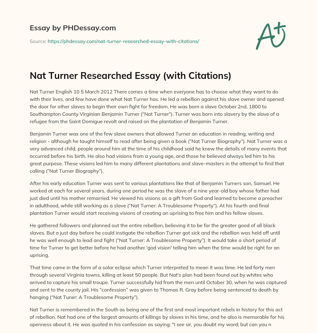 Nat Turner Researched Essay (with Citations) essay