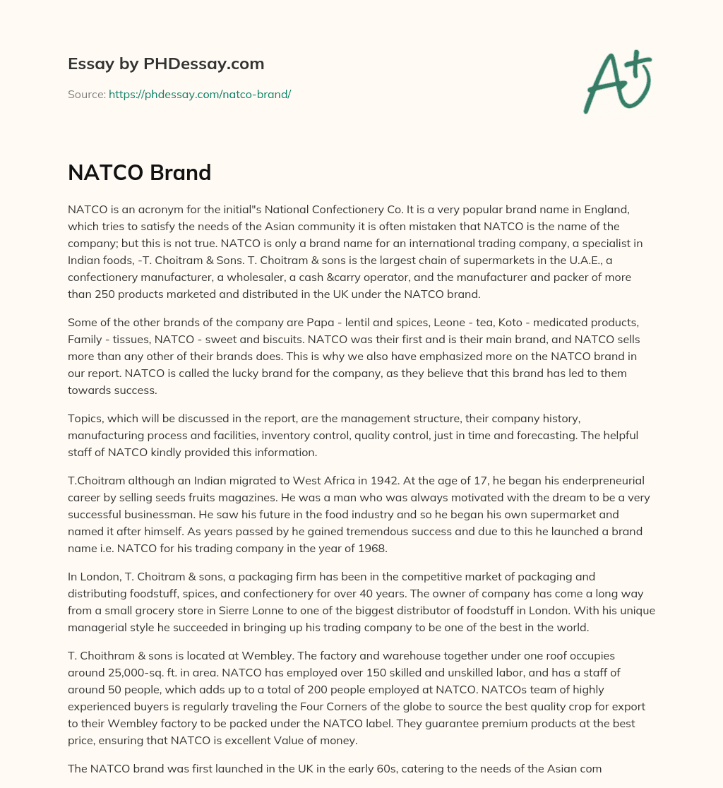 NATCO: A Popular Brand of Indian Foods in the UK essay