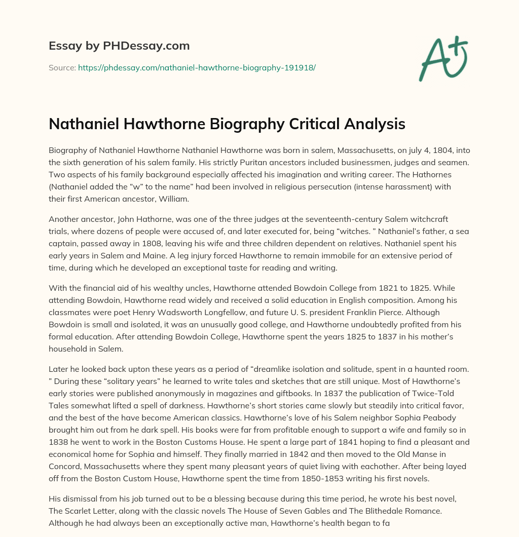 Nathaniel Hawthorne Biography Critical Analysis essay