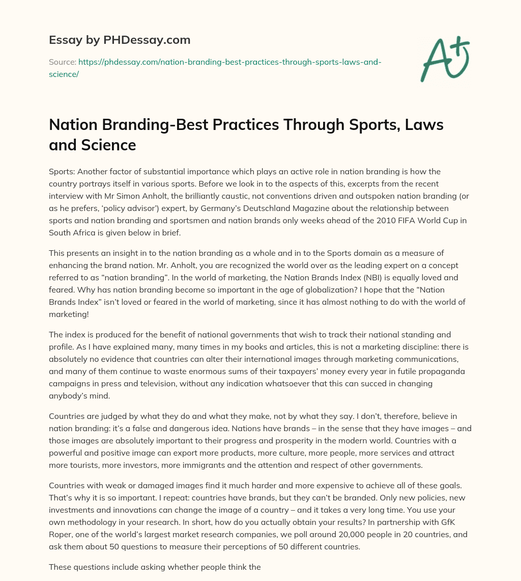 Nation Branding-Best Practices Through Sports, Laws and Science essay