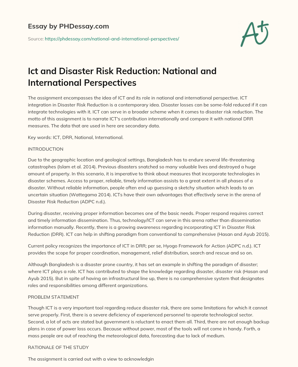 Ict and Disaster Risk Reduction: National and International Perspectives essay