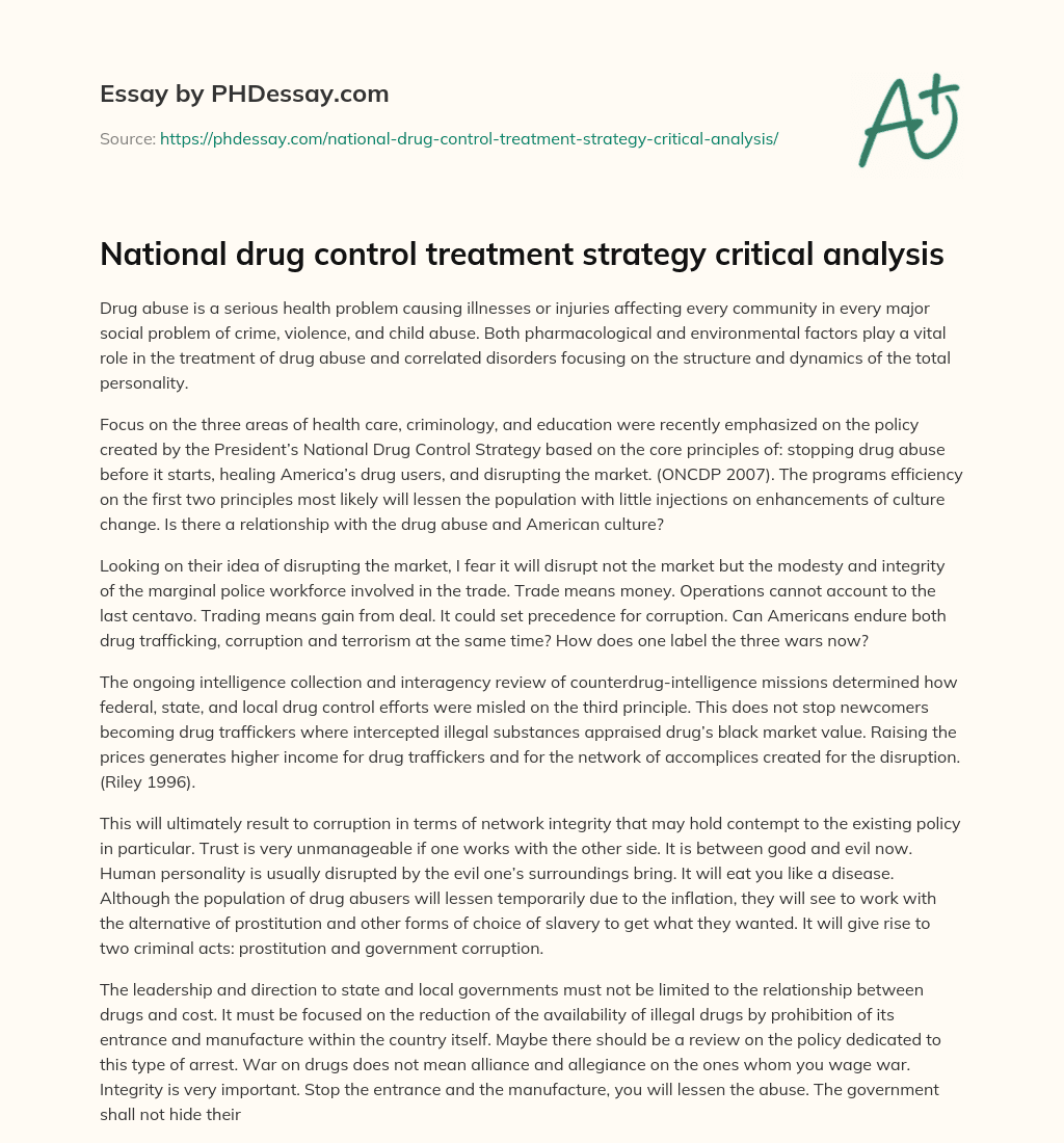 National drug control treatment strategy critical analysis essay
