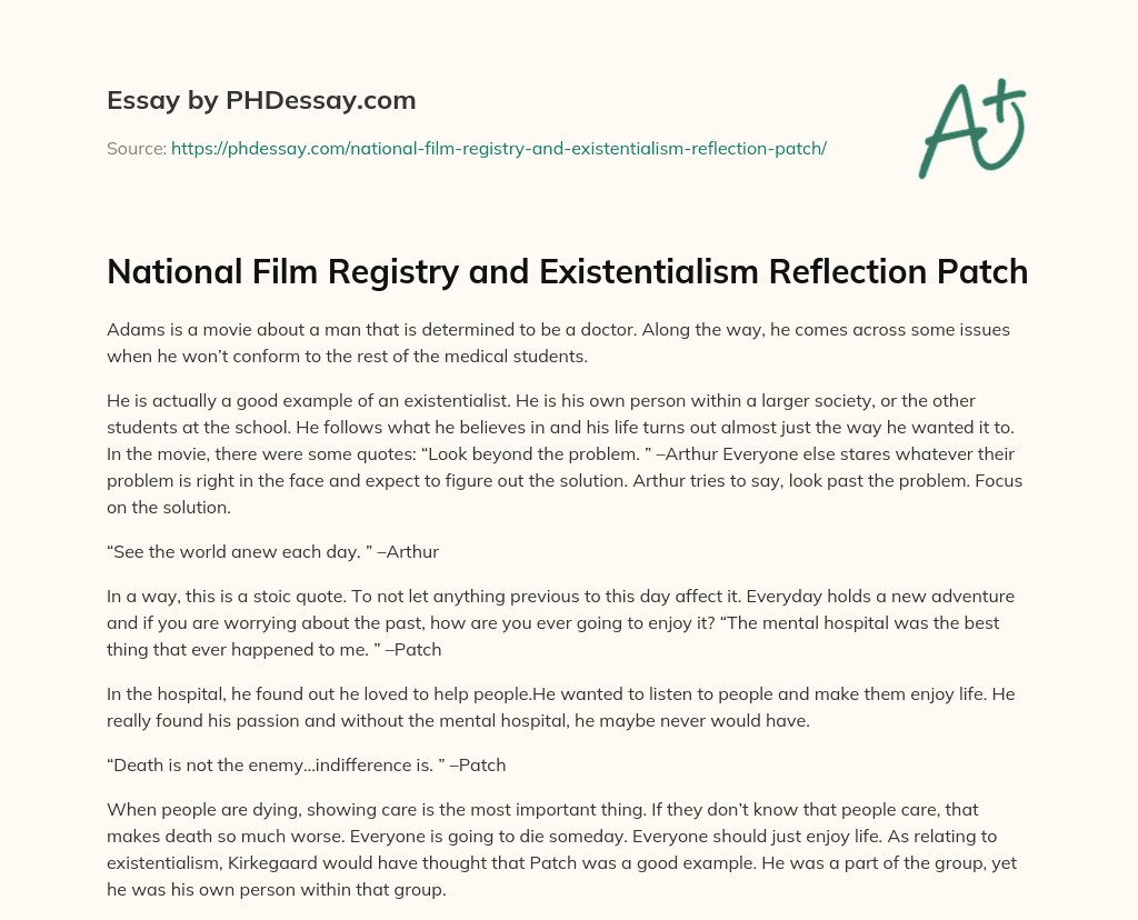 National Film Registry and Existentialism Reflection Patch essay