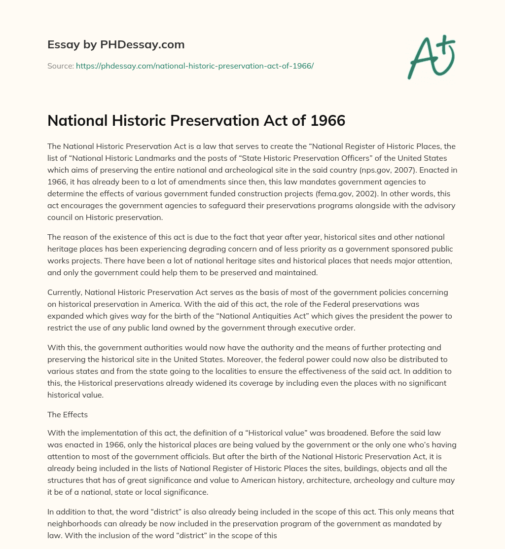 National Historic Preservation Act Of 1966 - PHDessay.com