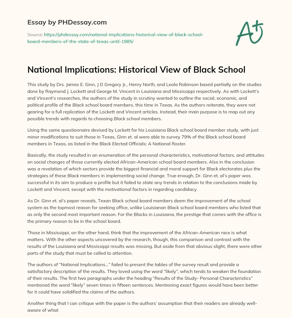 National Implications: Historical View of Black School essay