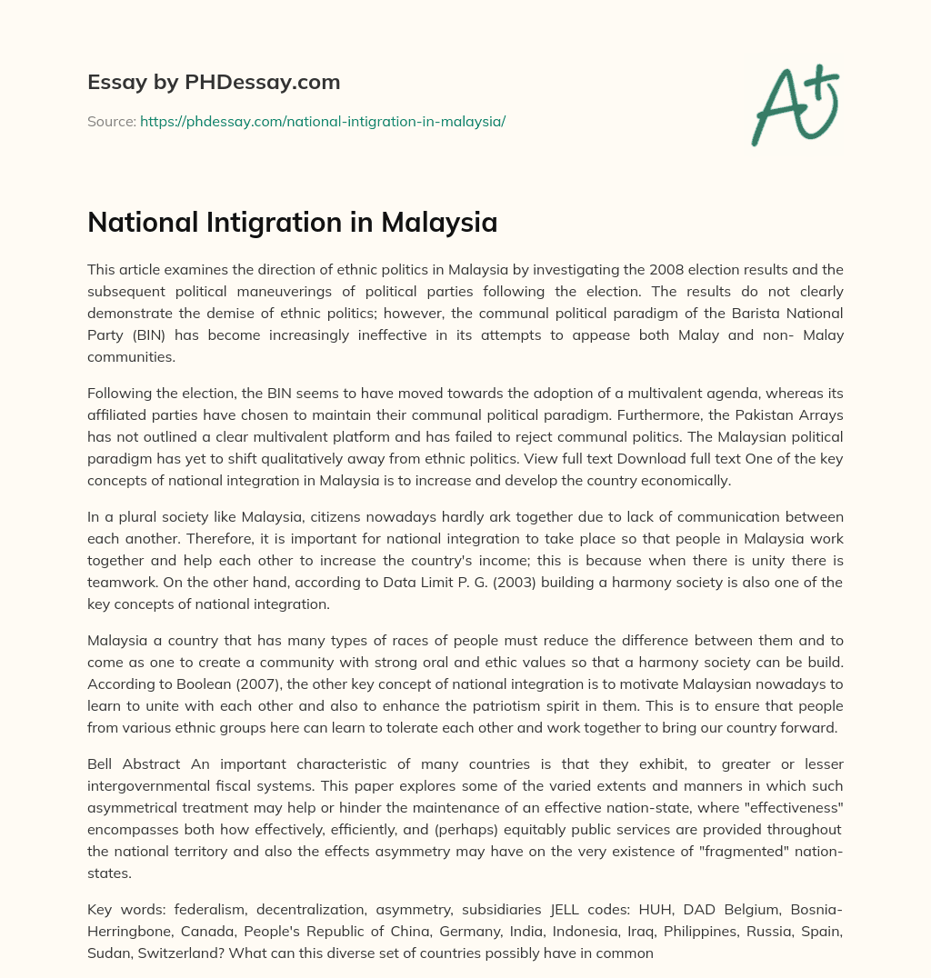 National Intigration in Malaysia essay