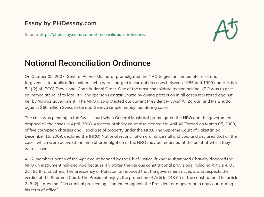 National Reconciliation Ordinance (300 Words)