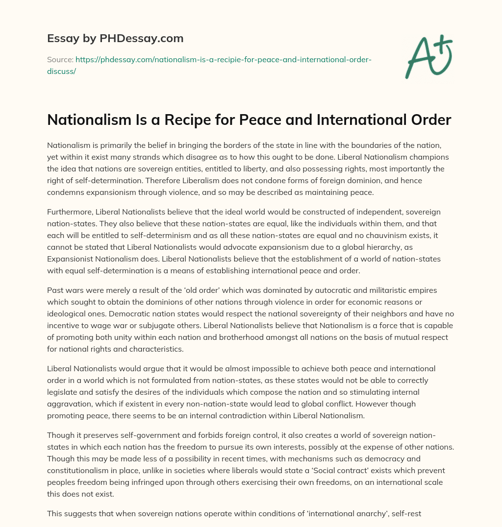 Nationalism Is a Recipe for Peace and International Order essay