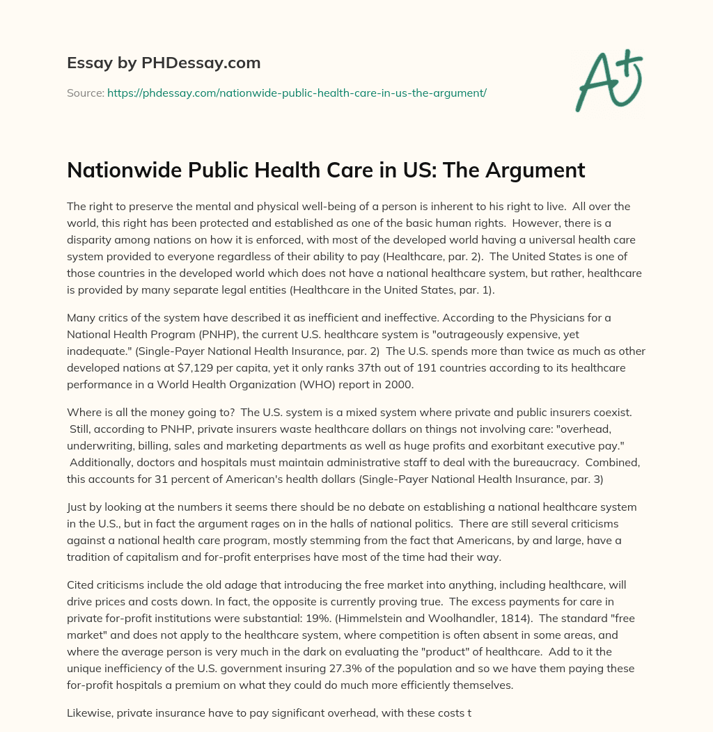 Nationwide Public Health Care in US: The Argument essay