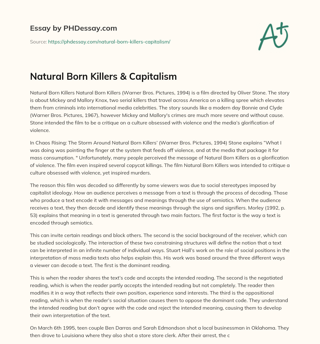 Natural Born Killers & Capitalism essay