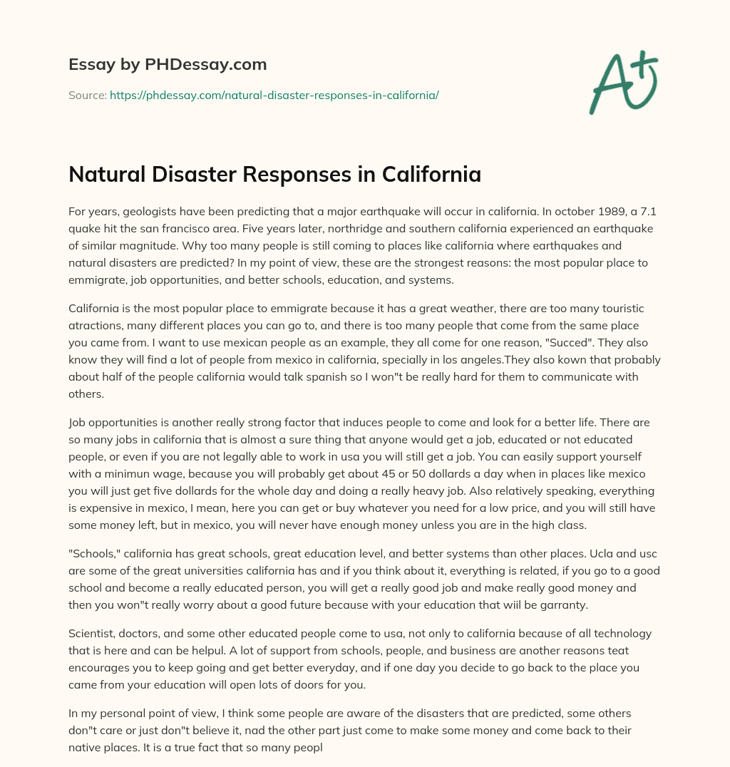 Natural Disaster Responses in California essay