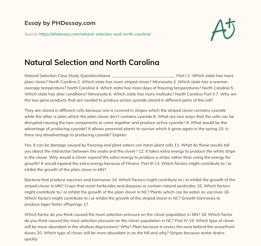 Natural Selection and North Carolina essay