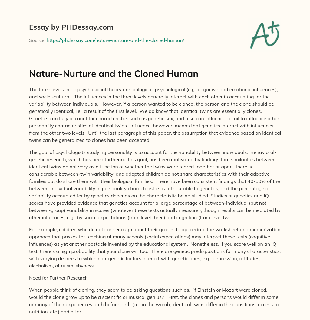 Nature-Nurture and the Cloned Human essay