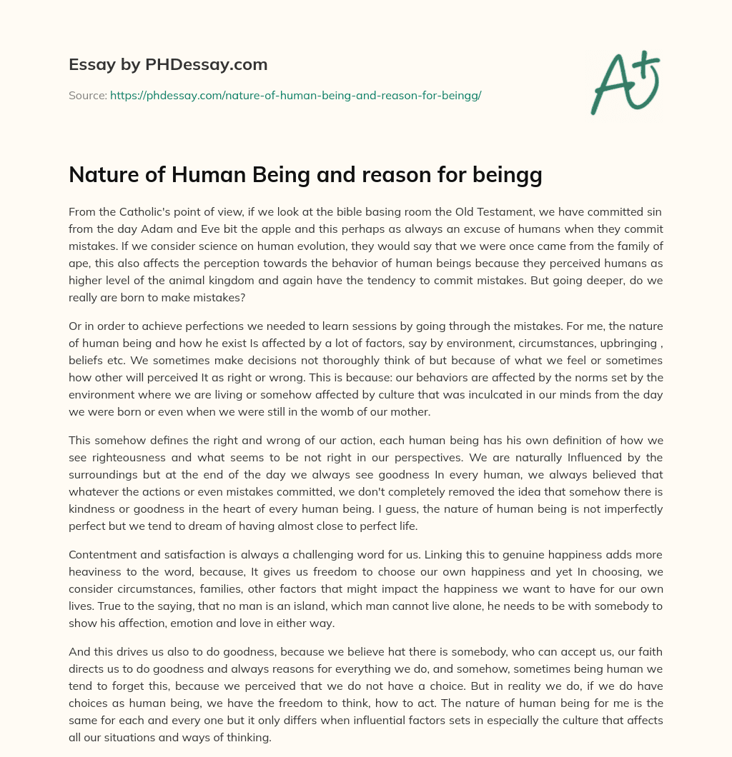 Nature of Human Being and reason for beingg essay