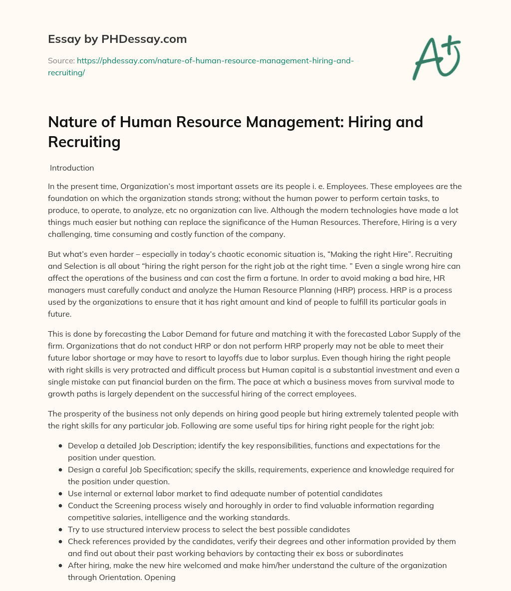 Nature of Human Resource Management: Hiring and Recruiting essay