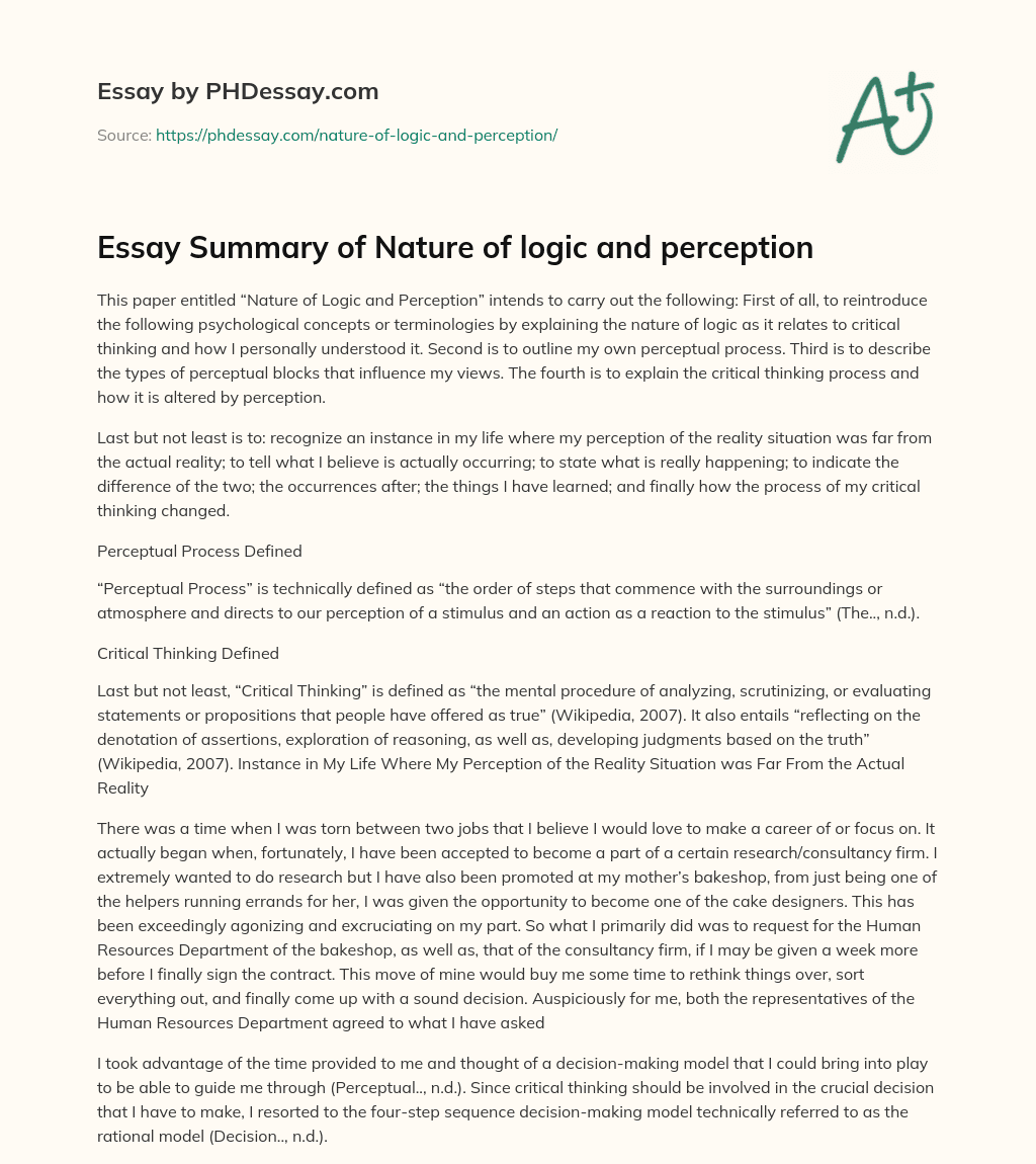 Essay Summary of Nature of logic and perception essay