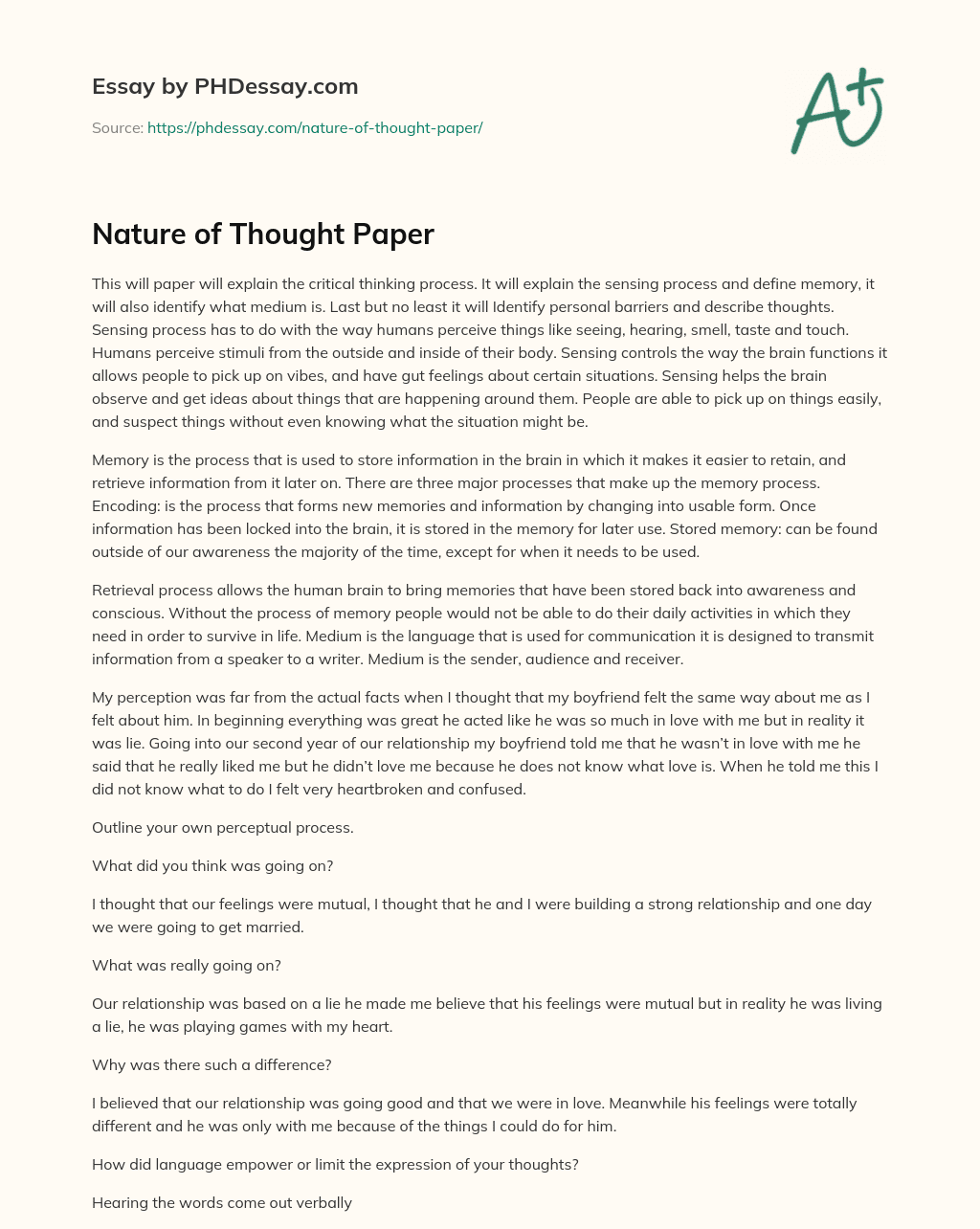 Nature of Thought Paper essay