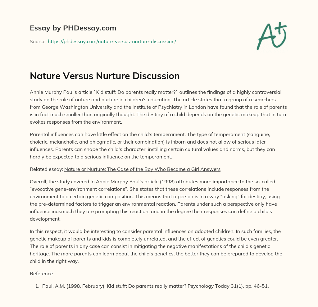 Nature Versus Nurture Discussion (300 Words)