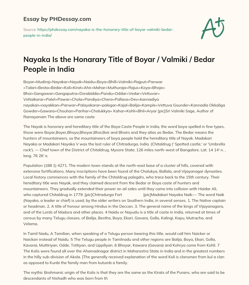 Nayaka Is the Honarary Title of Boyar / Valmiki / Bedar People in India essay