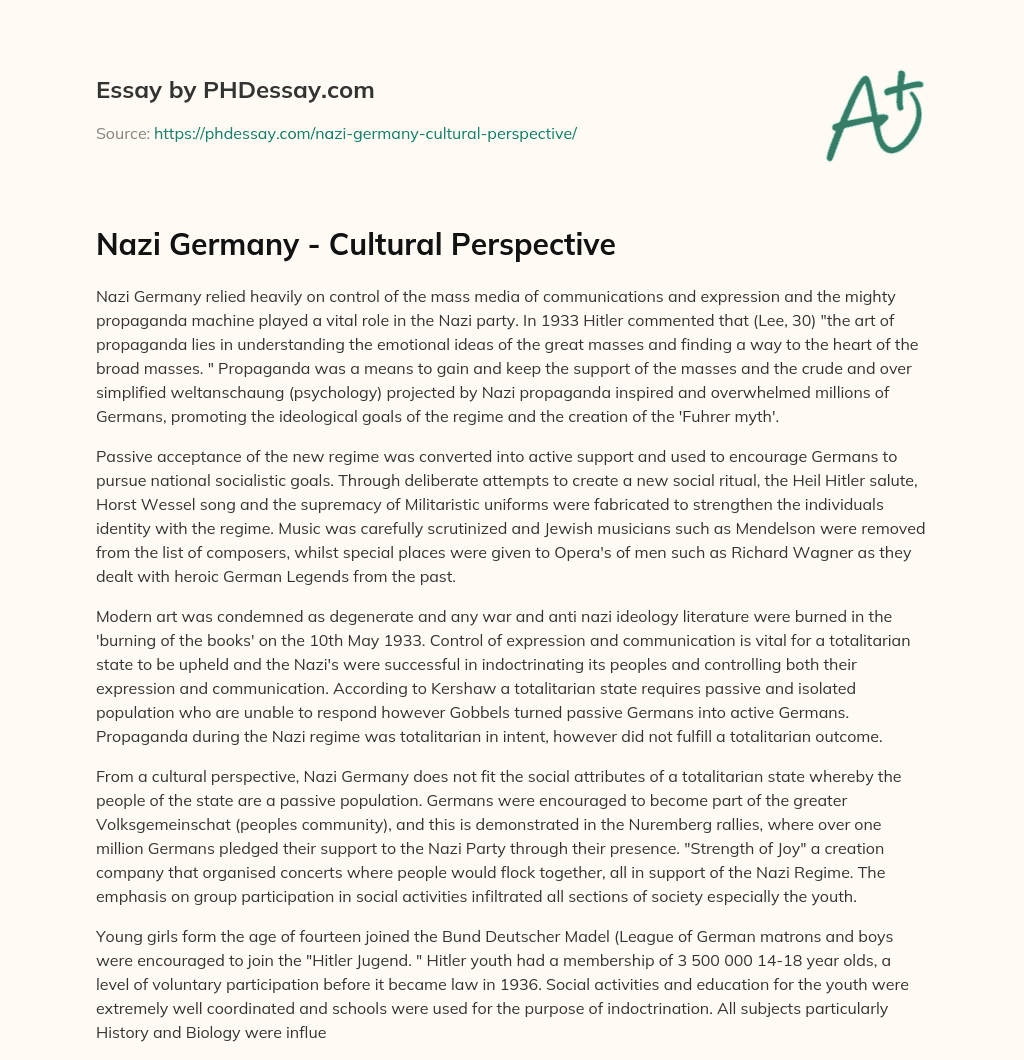Nazi Germany – Cultural Perspective essay
