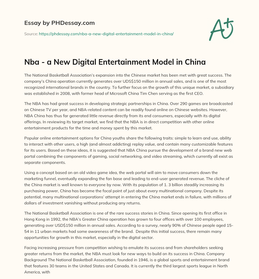 Nba – a New Digital Entertainment Model in China essay