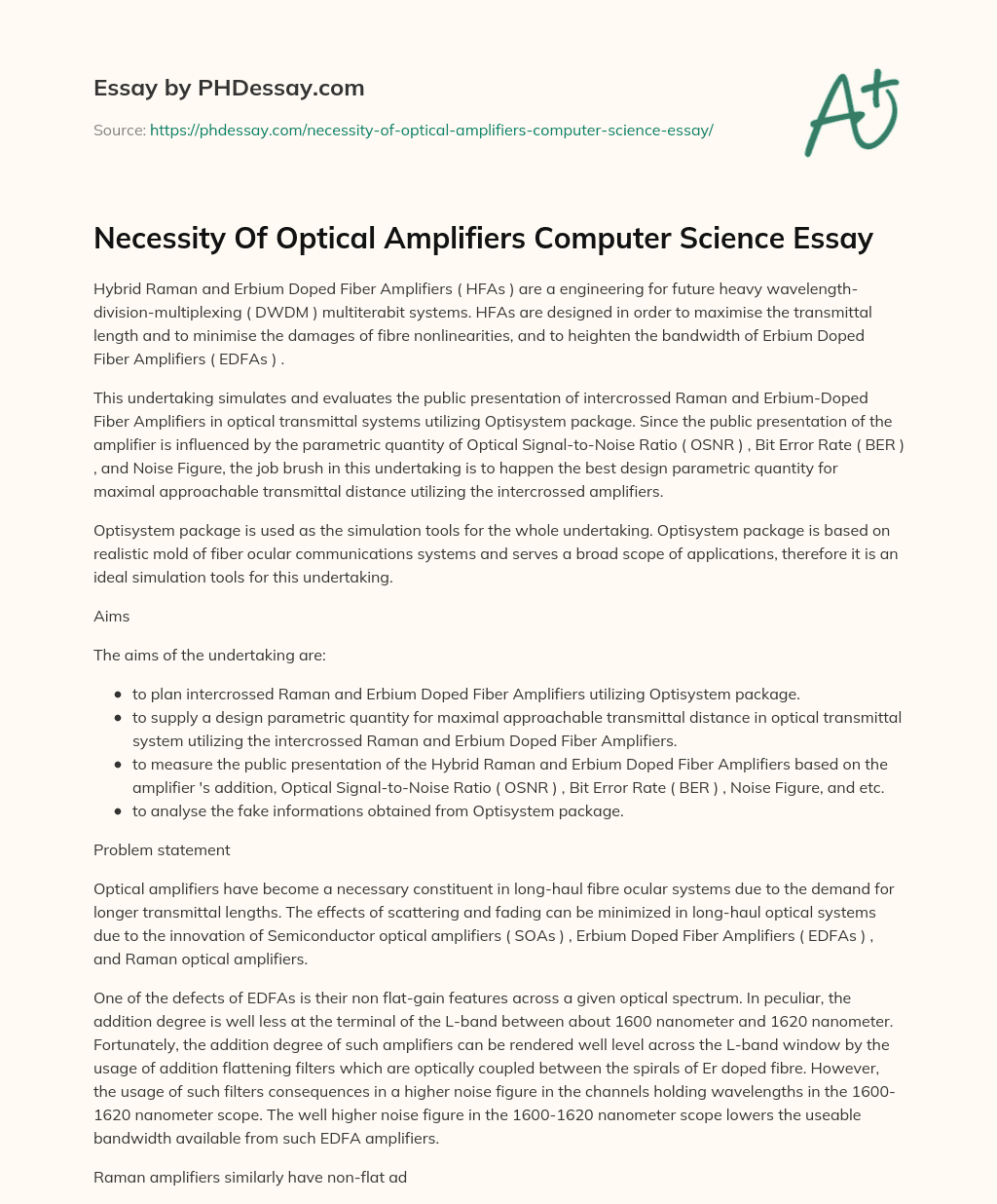 Necessity Of Optical Amplifiers Computer Science Essay essay