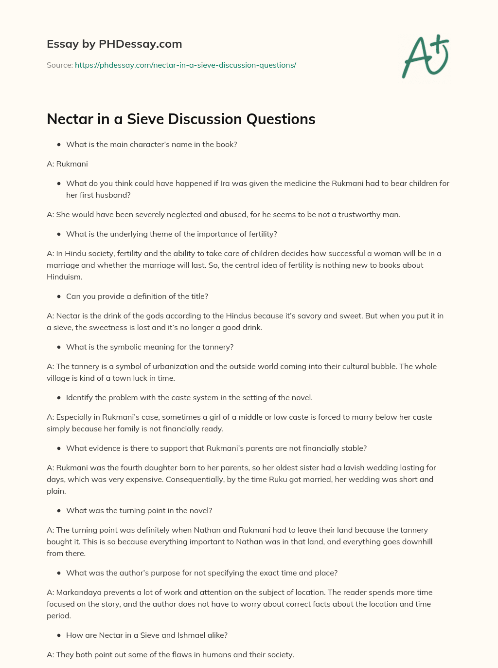 Nectar In A Sieve Discussion Questions Essay Example (400 Words